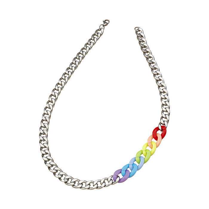 Fashion Simple Geometric Hollow Chain Colorful Stitching Stainless Steel Necklace