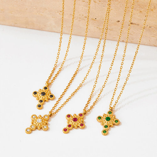 Casual Glam Cross Stainless Steel  Plating Inlay Gem Gold Plated Pendant Necklace