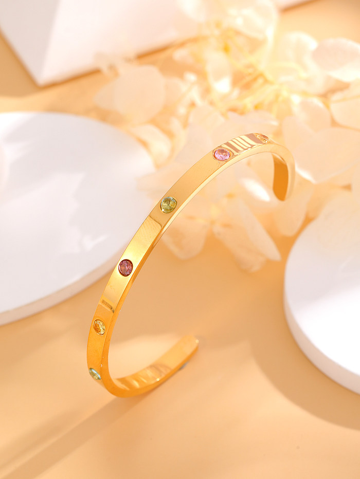 Casual Cute Simple Style C Shape Titanium Steel Plating Inlay Artificial Diamond 18K Gold Plated Bangle