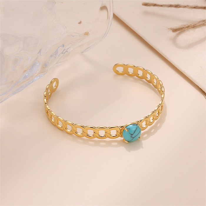 Lady Solid Color Stainless Steel Plating Inlay Natural Stone Gold Plated Bangle