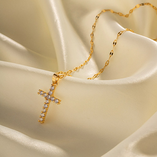 1 Piece INS Style Cross Stainless Steel  Plating Inlay Zircon Pendant Necklace