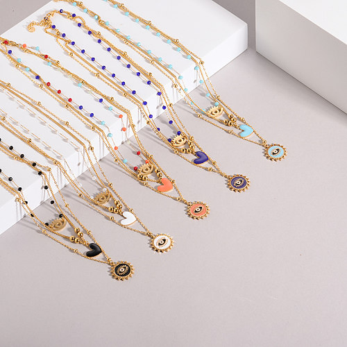 Lady Sun Heart Shape Eye Stainless Steel  Layered Enamel Plating Gold Plated Layered Necklaces