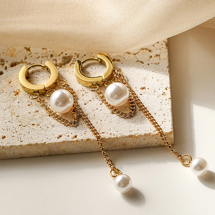 1 Paar schlichte Pendel-Ohrringe mit Quastenbeschichtung und Imitationsperle aus Edelstahl mit 18-karätiger Vergoldung