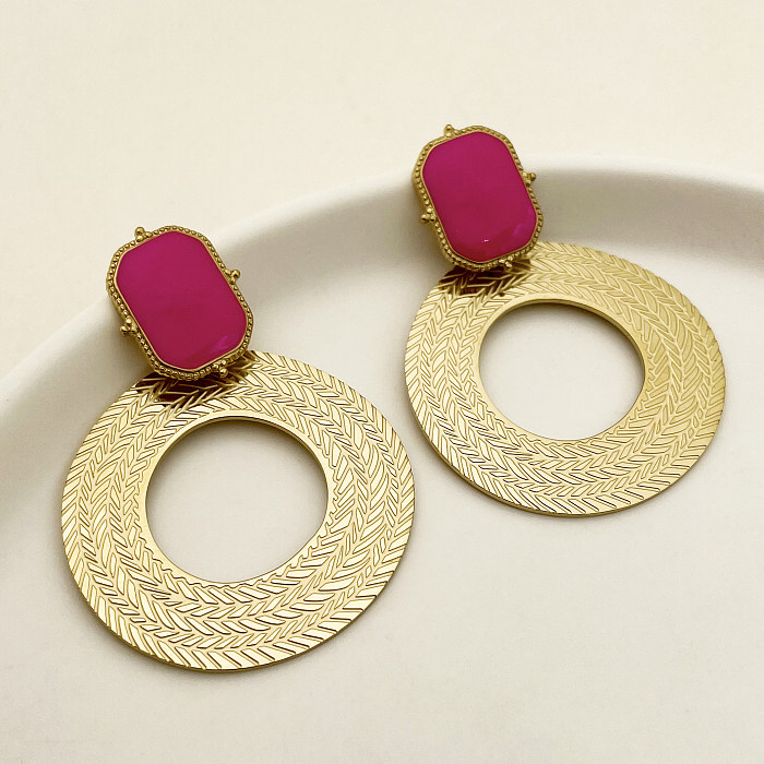 1 paire décontracté Style Vintage cercle polissage émail placage acier inoxydable plaqué or boucles d'oreilles