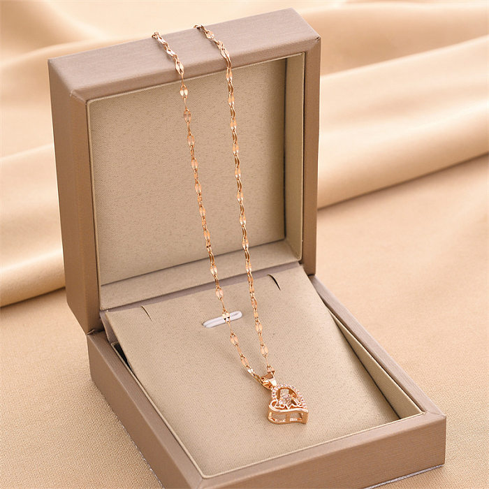 Simple Style Heart Shape Stainless Steel Plating Hollow Out Inlay Rhinestones Pendant Necklace 1 Piece
