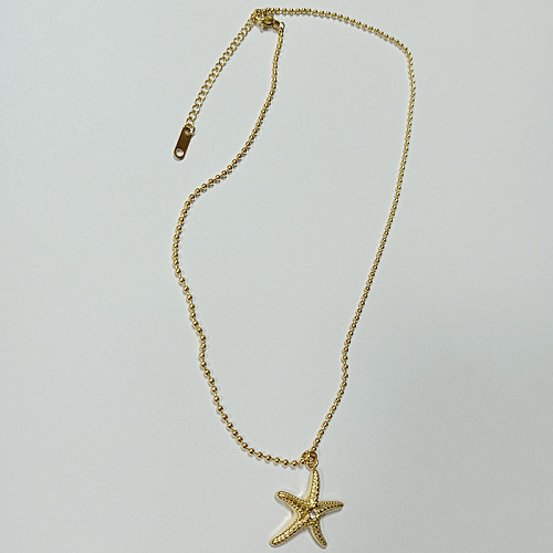Beach Starfish Stainless Steel Polishing Plating Inlay Rhinestones 18K Gold Plated Necklace