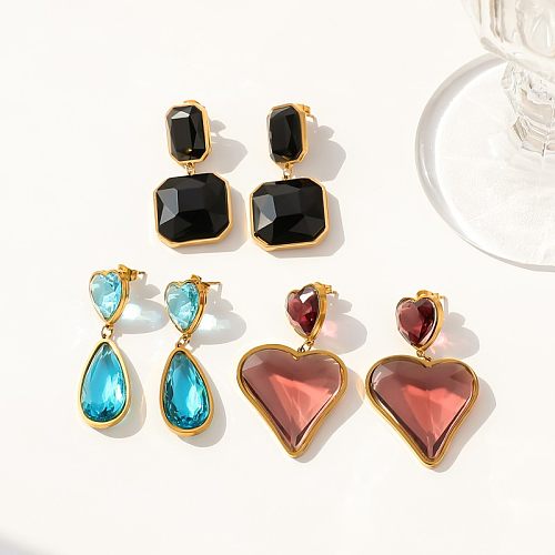 1 Pair Vacation Sweet Square Heart Shape Plating Inlay Stainless Steel  Zircon Gold Plated Drop Earrings