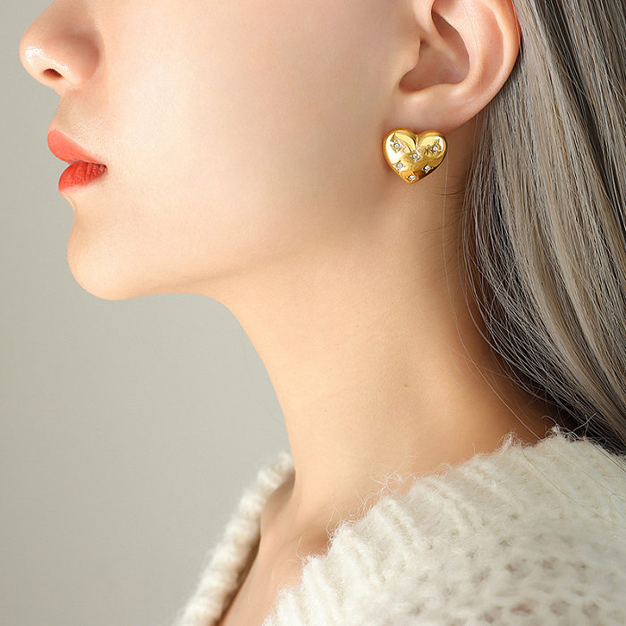 Boucles d'oreilles en Zircon plaqué acier inoxydable, Style Simple, en forme de cœur, 1 paire