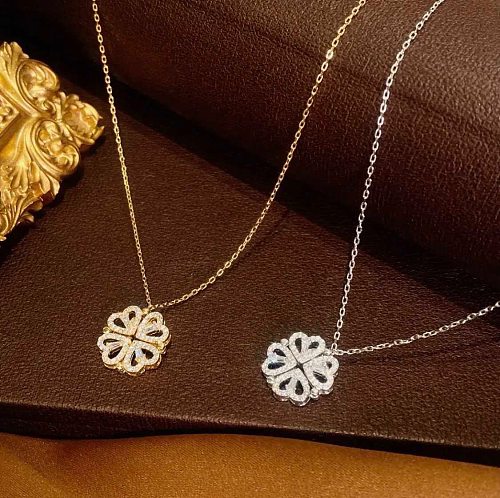 Fashion Four Leaf Clover Stainless Steel Inlay Zircon Necklace