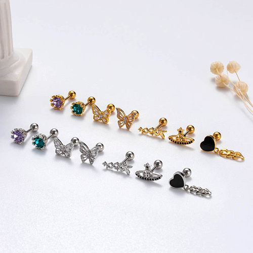 1 Piece Sweet Letter Heart Shape Butterfly Plating Inlay Stainless Steel  Zircon 18K Gold Plated Cartilage Earrings