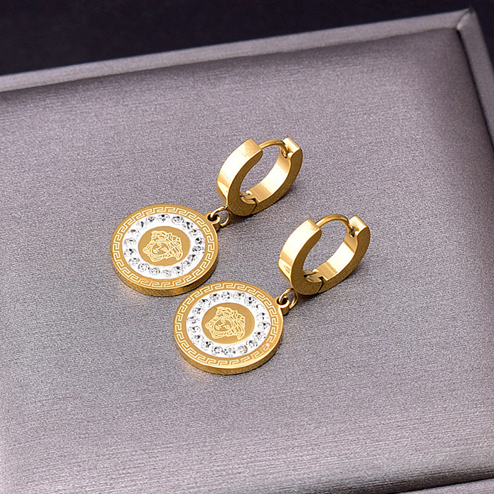 1 paire de boucles d'oreilles pendantes de Style Vintage, incrustation ronde en acier inoxydable et Zircon plaqué or 18 carats