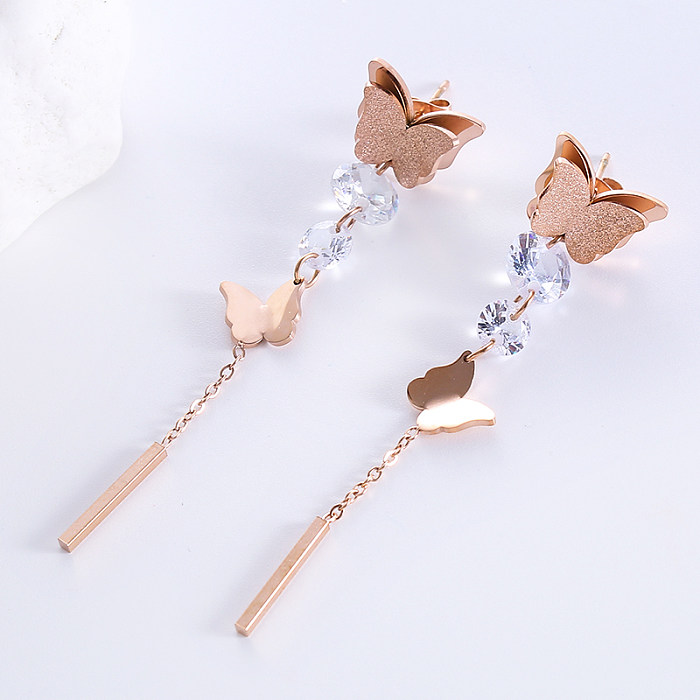 1 Pair Elegant Butterfly Plating Stainless Steel  Zircon 18K Gold Plated Rose Gold Plated Drop Earrings