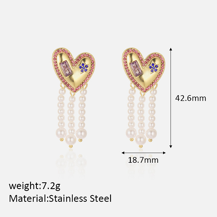 1 Pair Vintage Style Heart Shape Plating Inlay Stainless Steel  Zircon 18K Gold Plated Drop Earrings