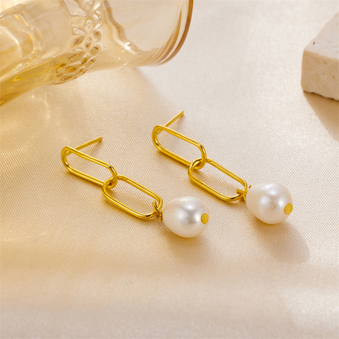 1 paire de boucles d'oreilles pendantes en acier inoxydable plaqué or 18 carats, Style Vintage, Style Simple, ovale