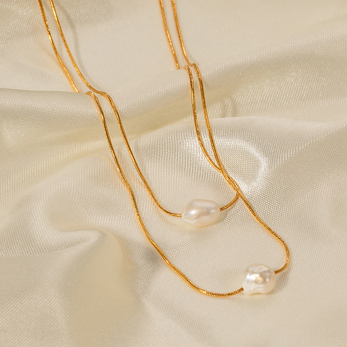 Simple Style Geometric Stainless Steel  Plating Freshwater Pearl 18K Gold Plated Layered Necklaces