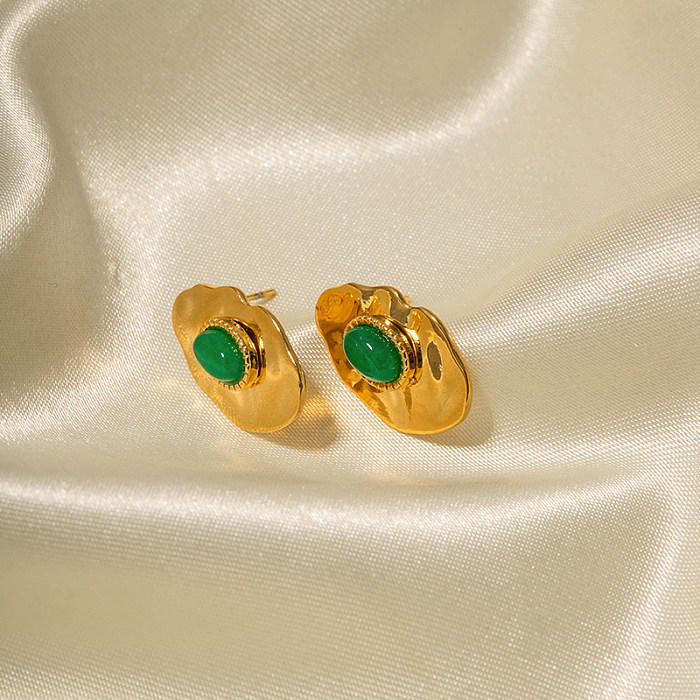 1 paire de clous d'oreilles élégants rétro ovales irréguliers en acier inoxydable, incrustation de pierres précieuses plaquées or 18 carats