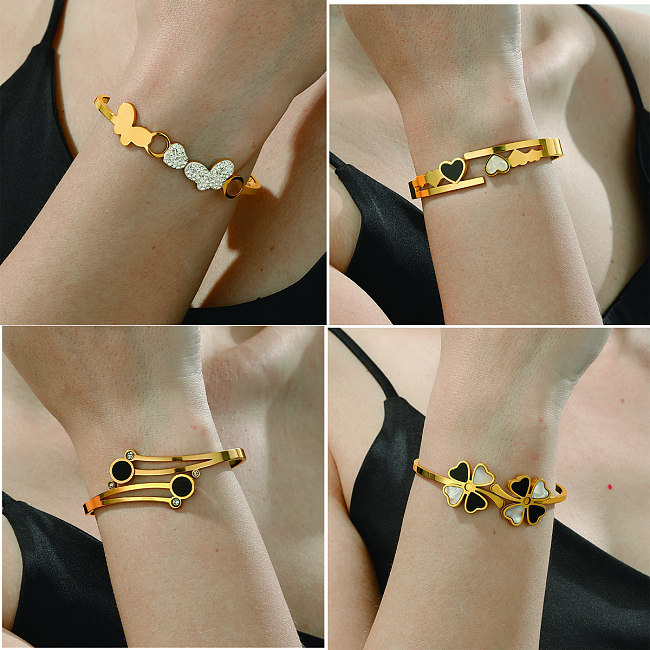 1 Piece Simple Style Four Leaf Clover Heart Shape Butterfly Stainless Steel Plating Inlay Shell Zircon Bangle