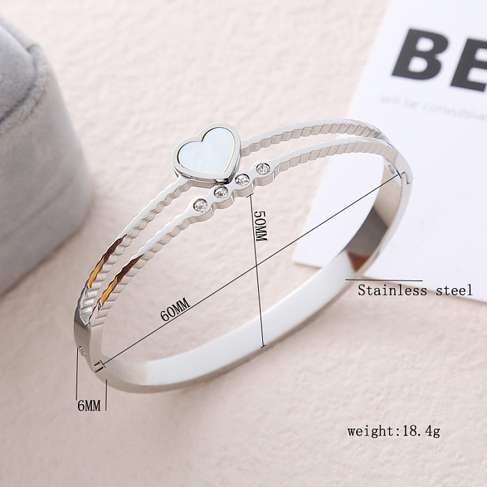 Casual Simple Style Heart Shape Stainless Steel Plating Inlay Rhinestones Shell Bangle