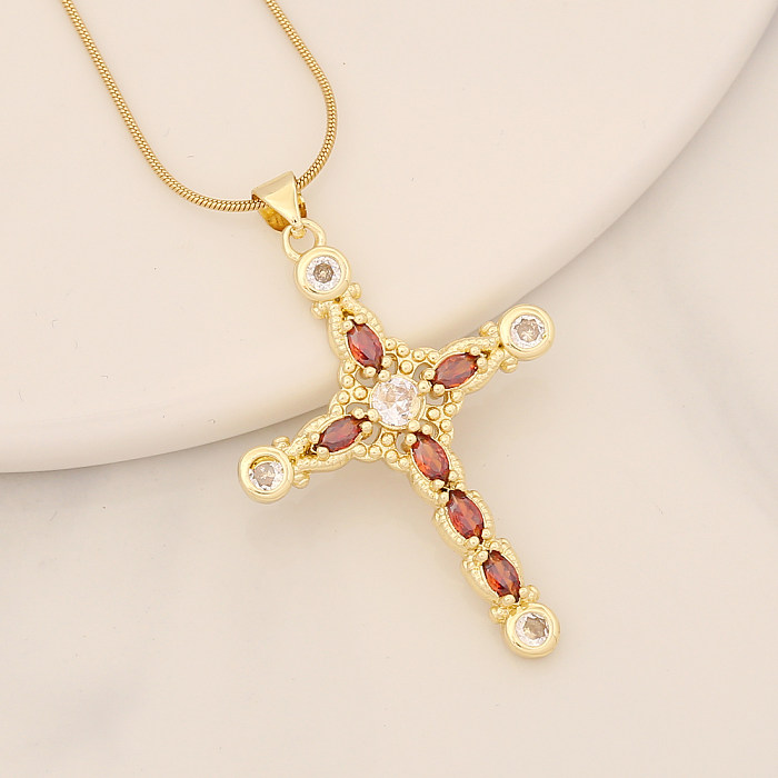 Shiny Cross Stainless Steel  Copper Inlay Zircon Pendant Necklace