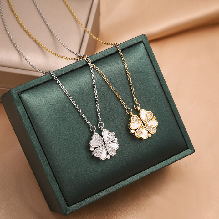 Fashion Four Leaf Clover Stainless Steel Inlay Rhinestones Shell Pendant Necklace
