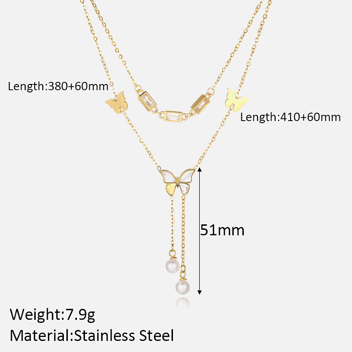 Retro Commute Butterfly Stainless Steel  Plating Inlay Artificial Crystal 18K Gold Plated Double Layer Necklaces