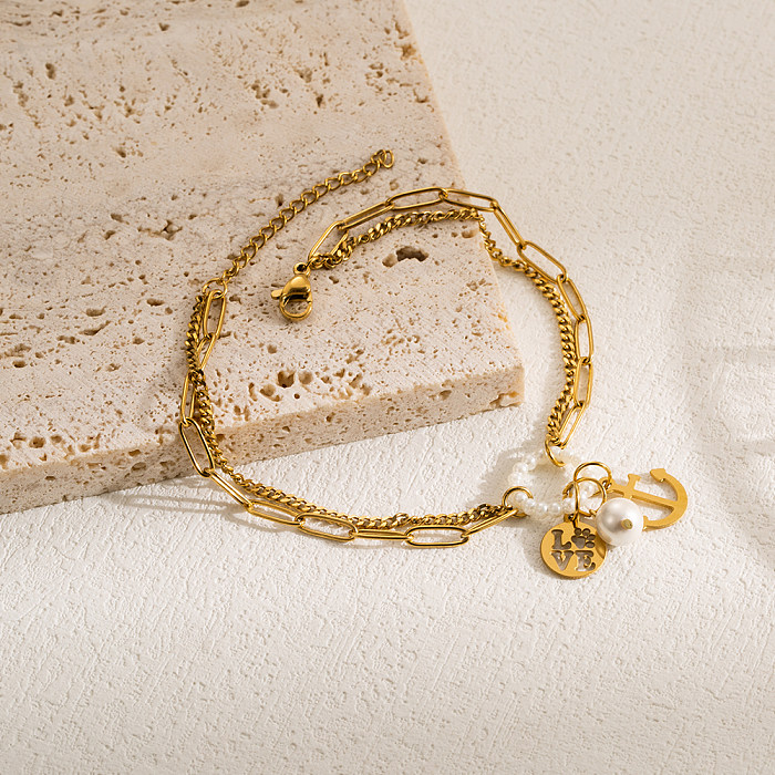 Bracelets plaqués or en couches d'imitation de perles en acier inoxydable, Style moderne et décontracté, ancre d'arbre d'étoile de mer