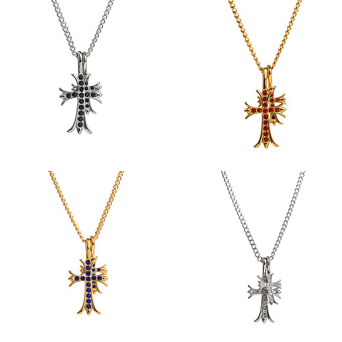Halskette mit Retro-Kreuz-Anhänger aus Edelstahl mit Inlay und Zirkon