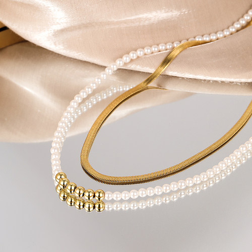 Moda redonda de aço inoxidável em camadas colares frisados ​​banhado a ouro pérola colares de aço inoxidável conjunto de 2 peças