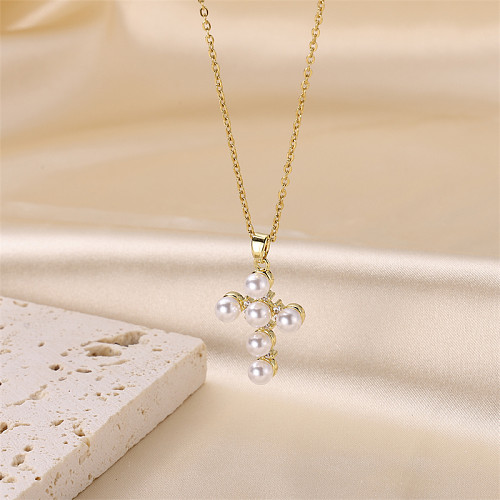 Simple Style Cross Stainless Steel  Brass 18K Gold Plated Pearl Pendant Necklace In Bulk