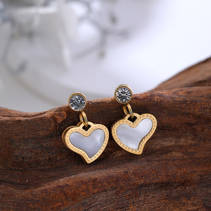1 Pair Elegant Lady Heart Shape Enamel Plating Inlay Stainless Steel Rhinestones 18K Gold Plated Drop Earrings