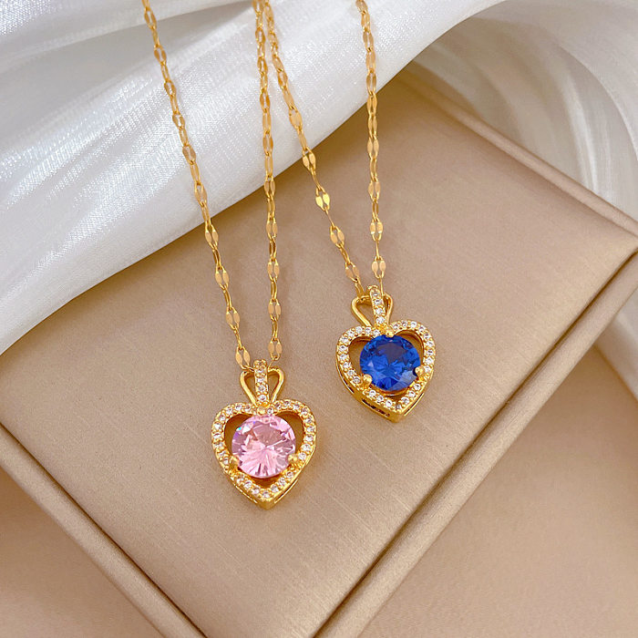 Simple Style Heart Shape Stainless Steel  Copper Inlay Artificial Diamond Pendant Necklace