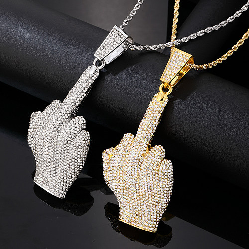 Hip-Hop Style Vintage Rock geste en acier inoxydable alliage placage incrustation Zircon plaqué or argent plaqué pendentif collier