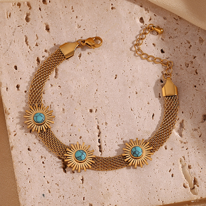 Lässige, schlichte Armbänder mit Blumen-Edelstahl-Beschichtung, Türkis, 18 Karat vergoldet
