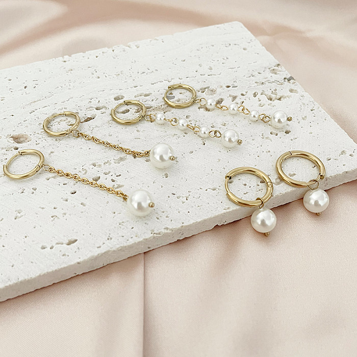 1 Paar süße geometrische runde Blumenplattierung aus Edelstahl mit künstlichen Perlen und vergoldeten Ohrringen