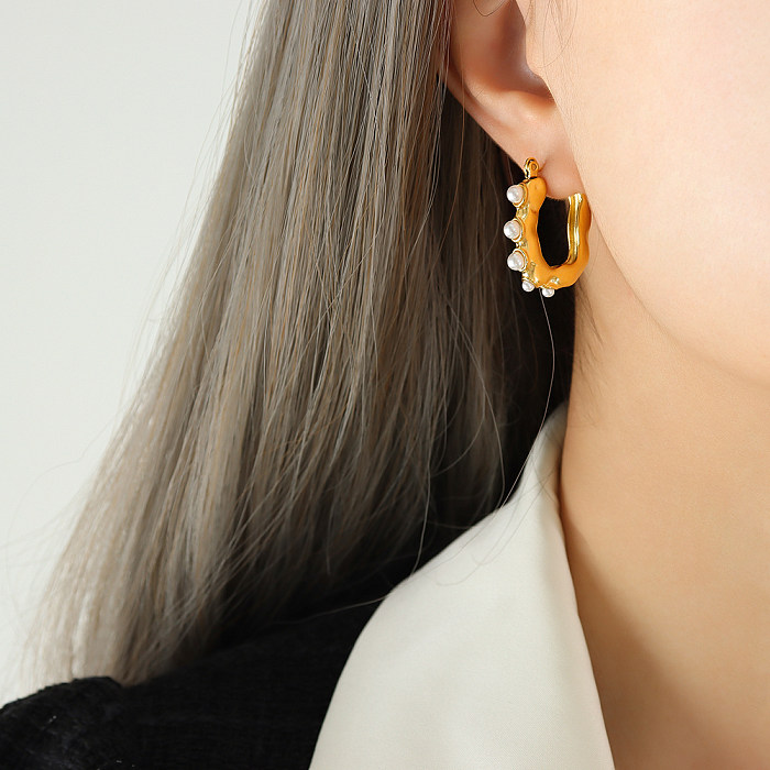 1 Pair Elegant Modern Style U Shape Stainless Steel Plating Inlay Artificial Pearls 18K Gold Plated Hoop Earrings
