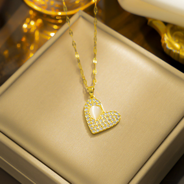 رومانسية بسيطة نمط شكل قلب الفولاذ المقاوم للصدأ تصفيح البطانة أوبال الزركون 18K الذهب قلادة قلادة مطلية