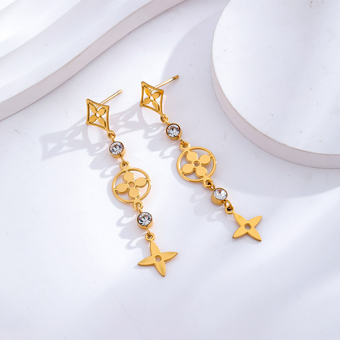 1 Pair Elegant Sweet Heart Shape Butterfly Stainless Steel Inlay Zircon 24K Gold Plated Drop Earrings
