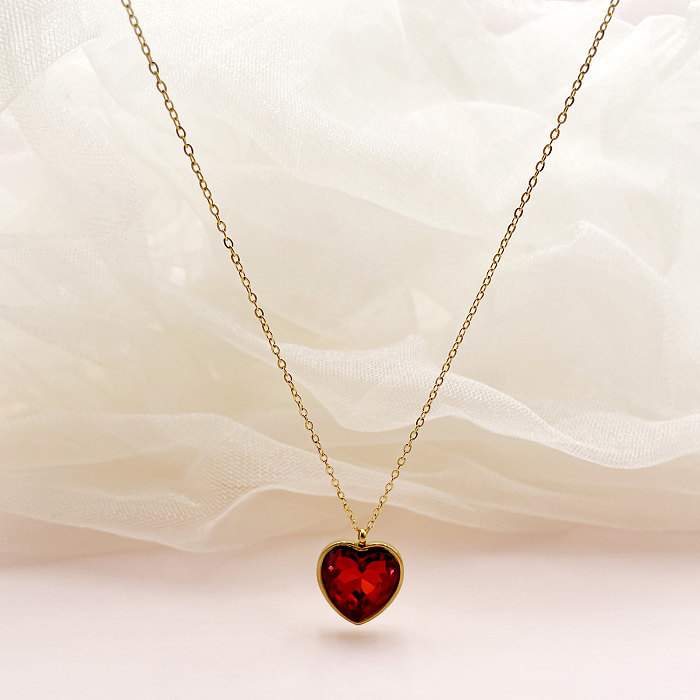 Vintage Style Luxurious Heart Shape Stainless Steel  Plating Inlay Zircon Gold Plated Pendant Necklace