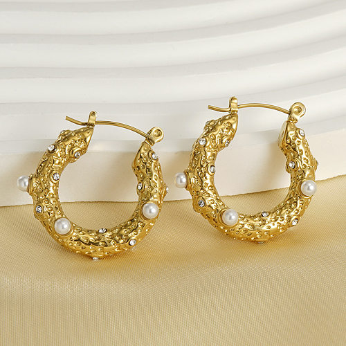 Retro U-förmige Ohrringe aus Edelstahl mit künstlichen Perlen und Strasssteinen, 1 Paar
