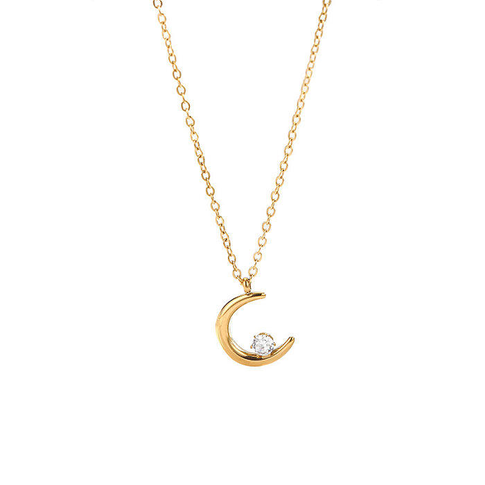 Collar chapado en oro de 18 quilates de piedras preciosas artificiales con incrustaciones de acero inoxidable con forma de luna de estilo simple