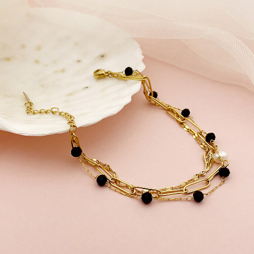 Bracelets plaqués or avec ailes de style français élégants en acier inoxydable plaqué perles de cristal