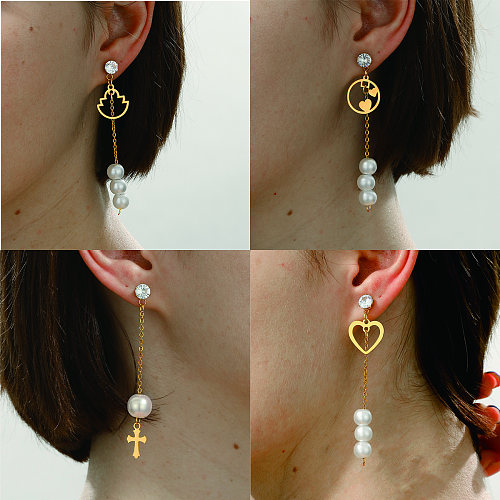 1 Paar schlichte Ohrringe mit Kreuz-Ahornblatt-Herzform, Edelstahl-Beschichtung, Inlay, Perle, Zirkon, vergoldet