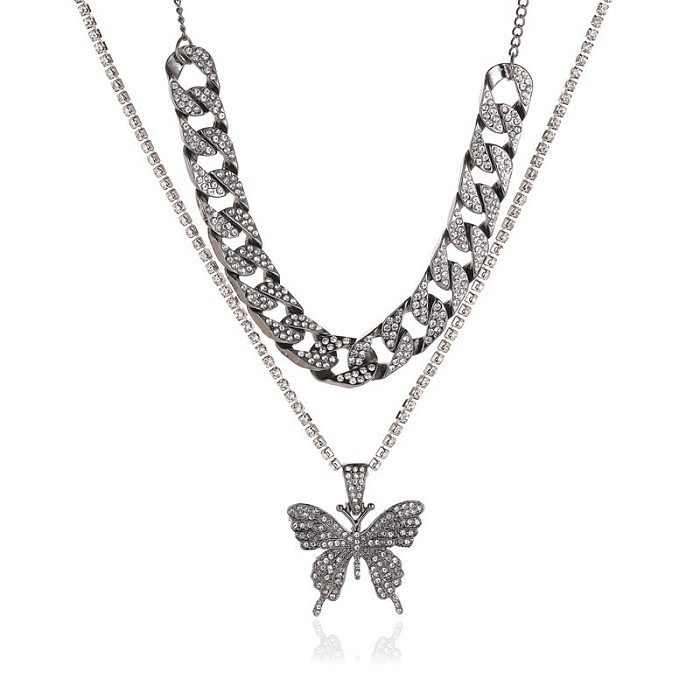Estilo clássico borboleta chapeamento de aço inoxidável incrustação de pedras preciosas artificiais colares em camadas