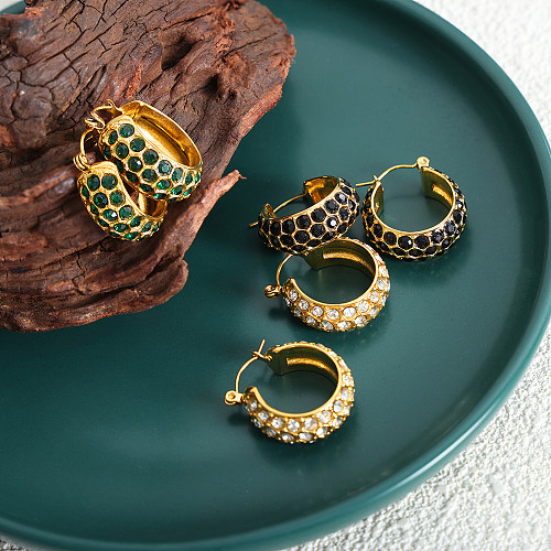 1 Paar glamouröse, runde, plattierte Inlay-Ohrringe aus Edelstahl mit Strasssteinen und 18-Karat-Vergoldung