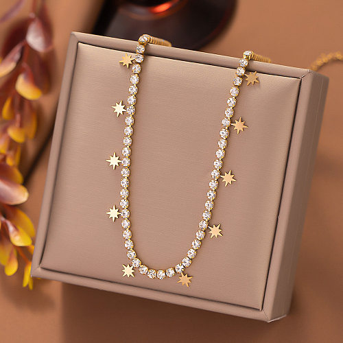 Collier de diamants artificiels avec incrustation de placage en acier inoxydable Streetwear Star