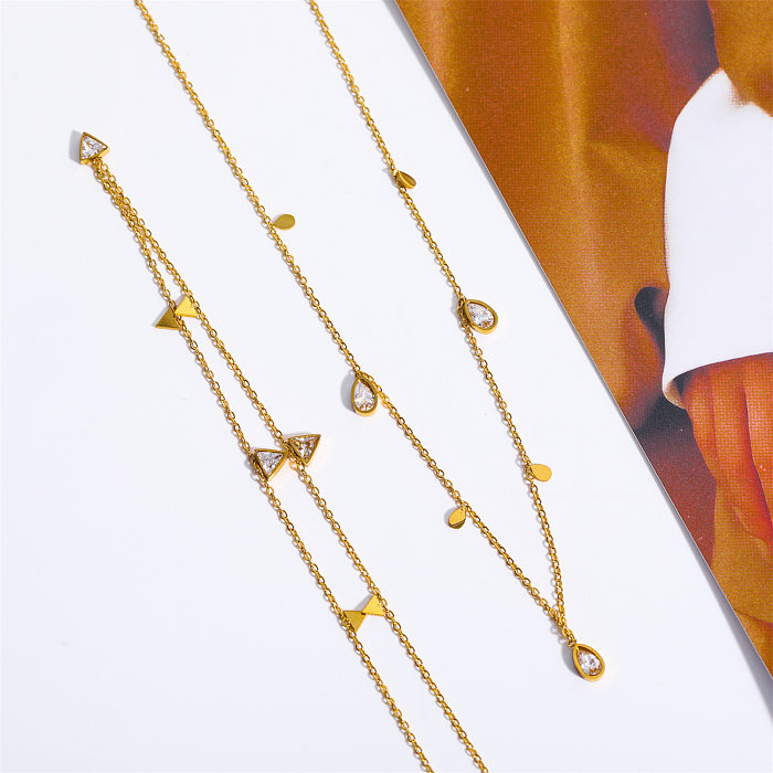 Lässiger Preppy-Stil, schlichter Stil, einfarbig, Edelstahl-Beschichtung, Intarsien, künstliche Edelsteine, 18 Karat vergoldete Halskette