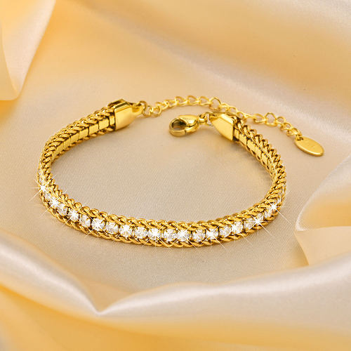 Estilo francês estilo moderno cor sólida chapeamento de aço inoxidável incrustação zircão pulseiras banhadas a ouro 18K