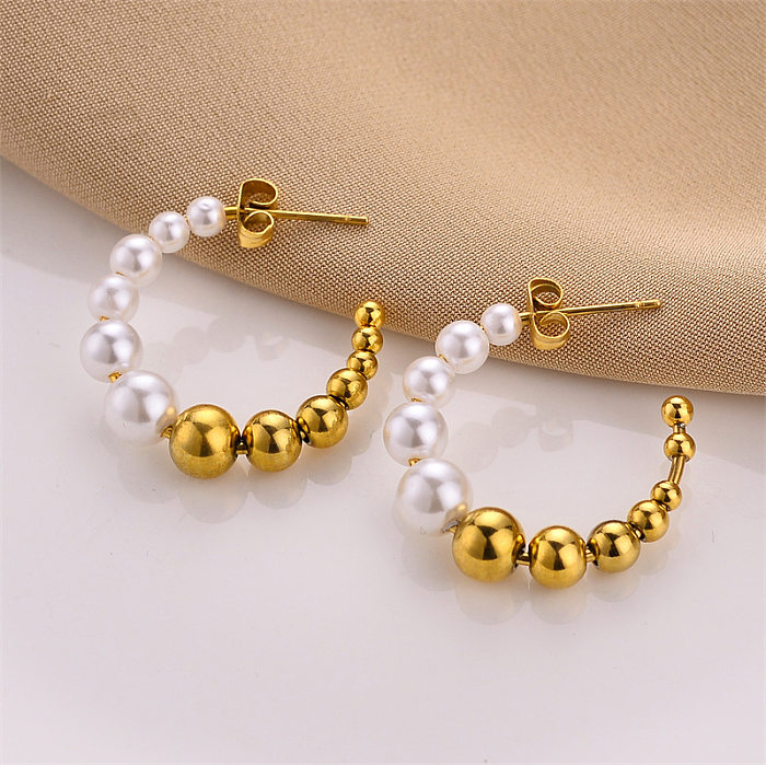 Pendientes chapados en acero inoxidable con perlas de imitación en forma de C a la moda, 1 par
