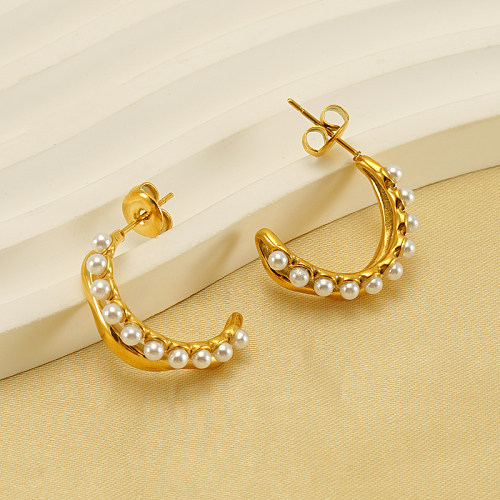 1 Pair Elegant C Shape Polishing Plating Inlay Stainless Steel  Freshwater Pearl 18K Gold Plated Ear Studs