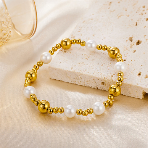 Atacado bonito estilo simples redondo de aço inoxidável de água doce pérola frisada pulseiras banhadas a ouro